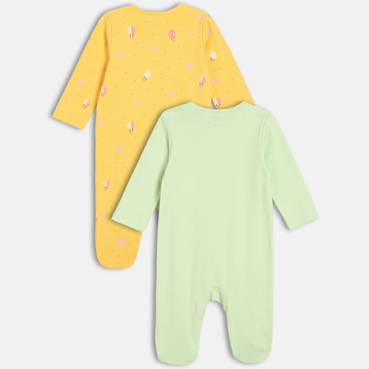 Girls Cotton Pack Of 2 Full Sleeves Typography & Hot Air Balloon Printed Sleepsuits - Green & Yellow
