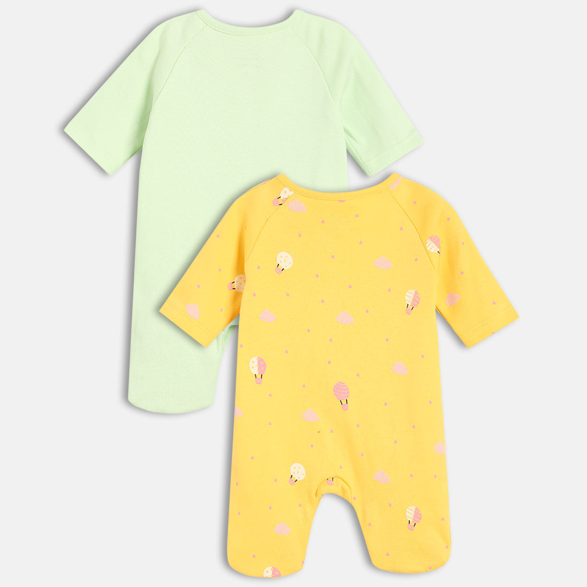 Girls Cotton Pack Of 2 Full Sleeves Typography & Hot Air Balloon Printed Sleepsuits - Green & Yellow