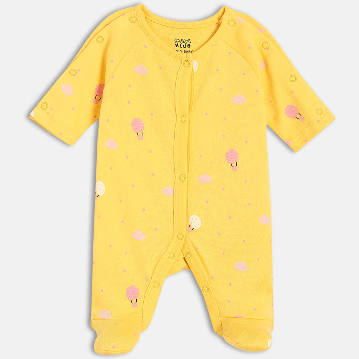 Girls Cotton Pack Of 2 Full Sleeves Typography & Hot Air Balloon Printed Sleepsuits - Green & Yellow