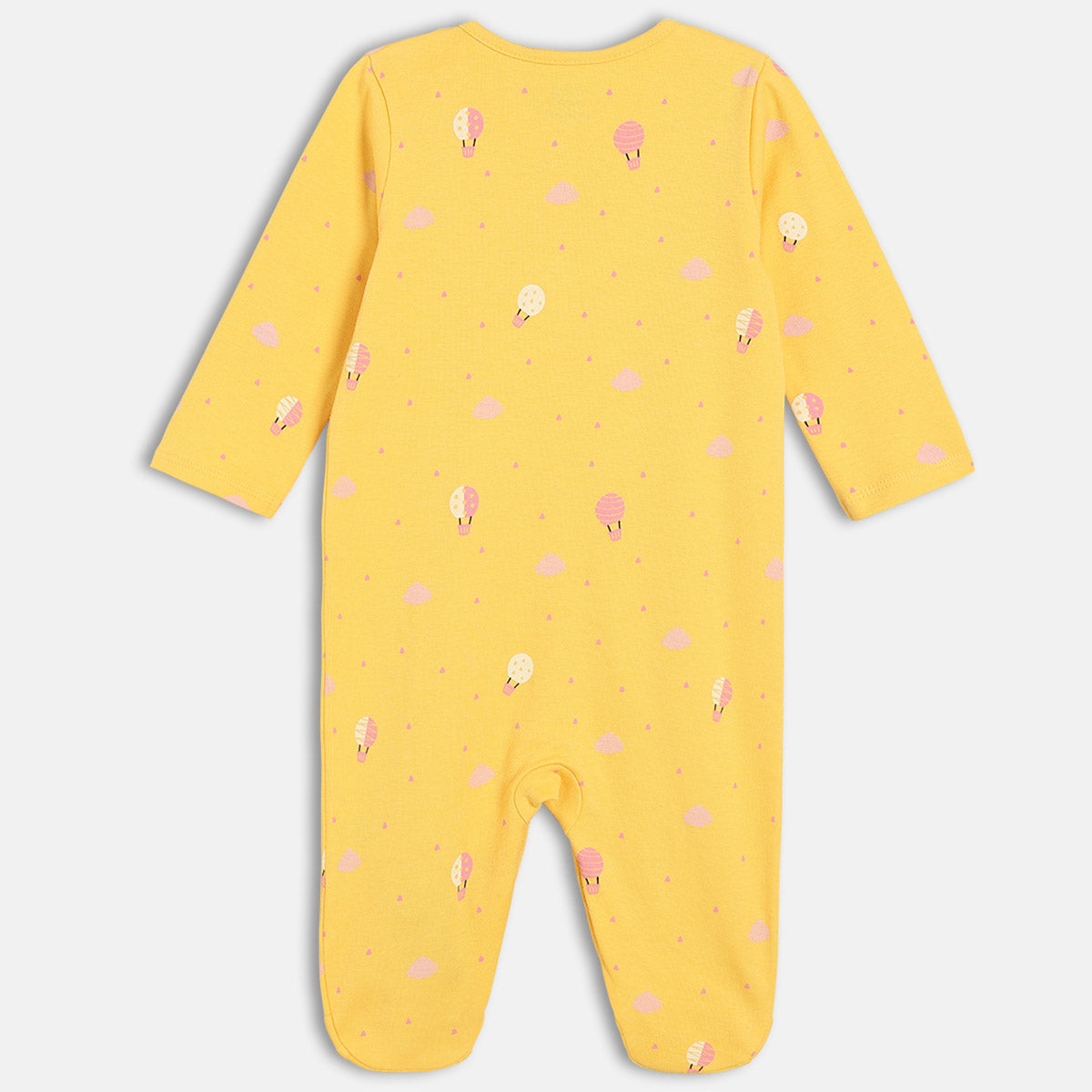 Girls Cotton Pack Of 2 Full Sleeves Typography & Hot Air Balloon Printed Sleepsuits - Green & Yellow