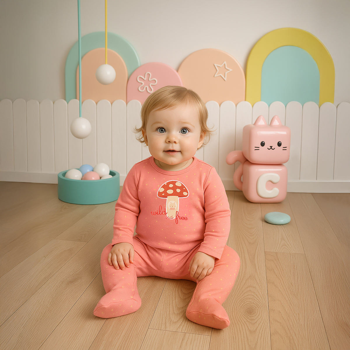 Girls Cotton Full Sleeves Text Embroidered Sleepsuit - Peach