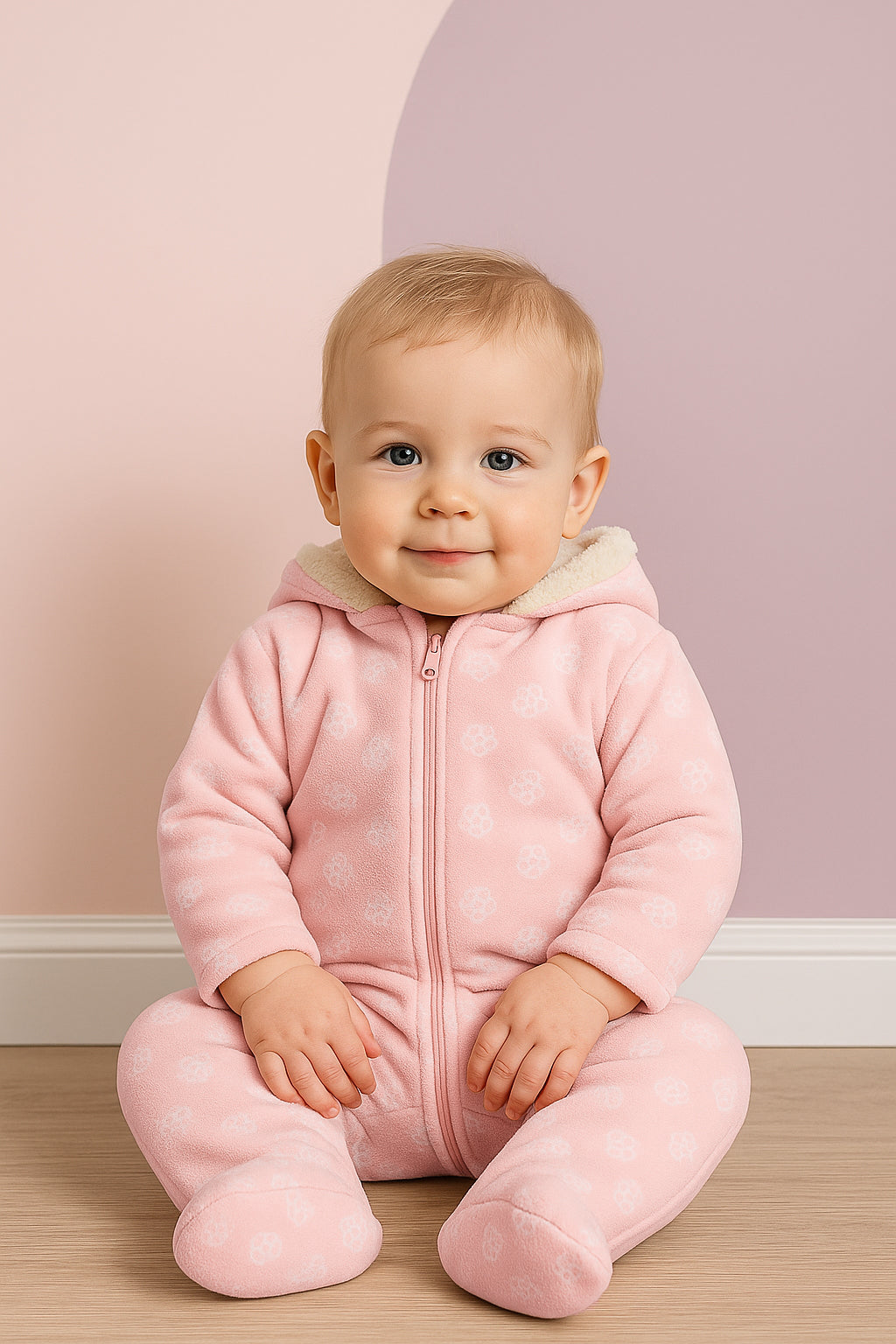 Pink Newborn Girls Hooded Full Sleeve Sleep Suit