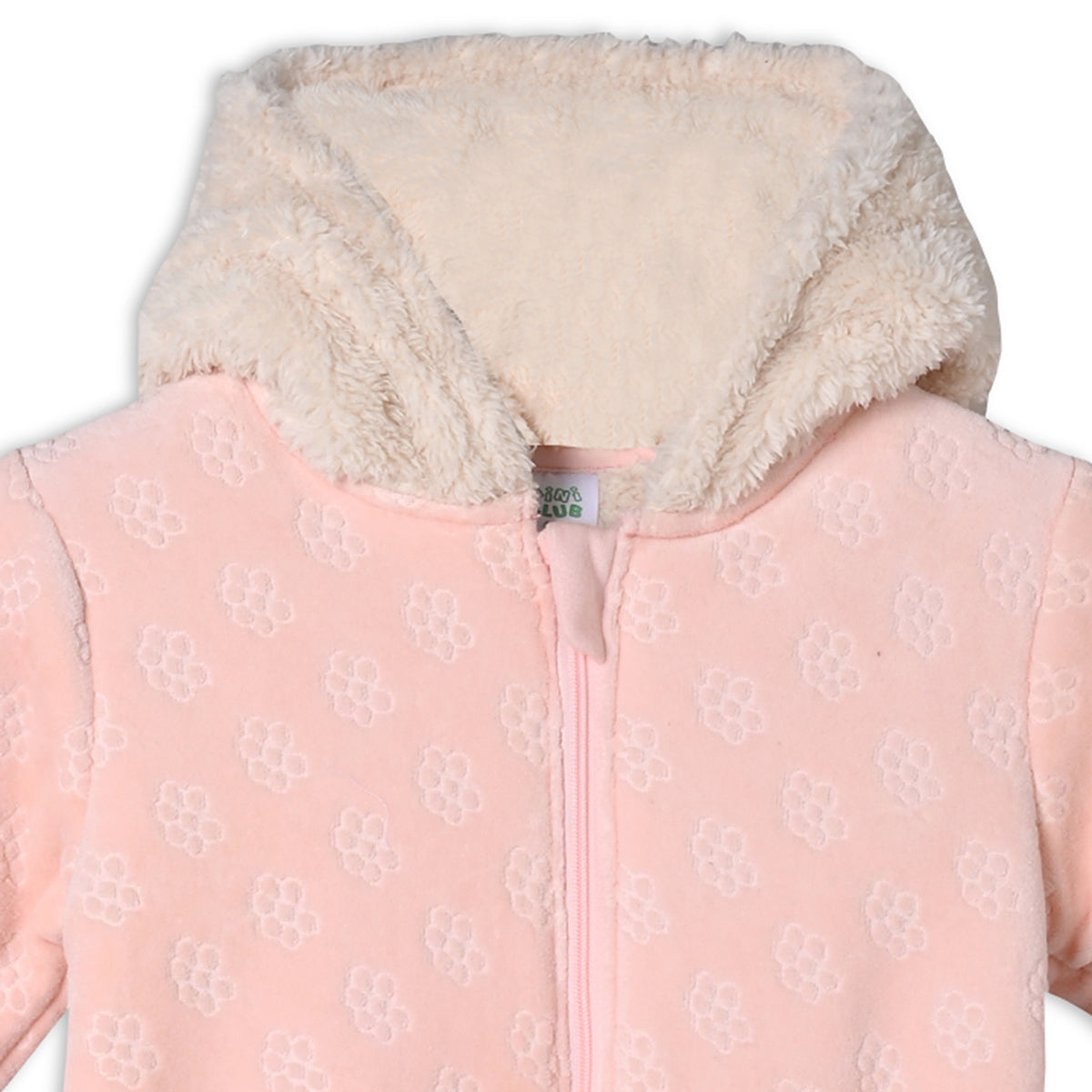 Girls Cotton Full Sleeves Floral Embroidered Hooded Sleepsuit - Pink