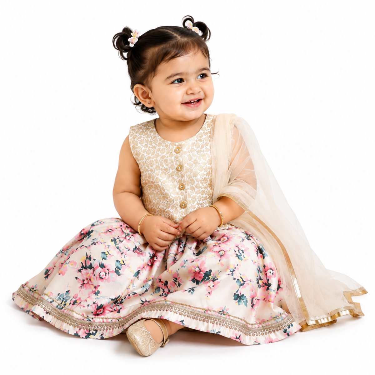 Baby Girls Beige Pink and Gold Woven Lehenga Set Regular Fit Festive Kids Ethnic Wear
