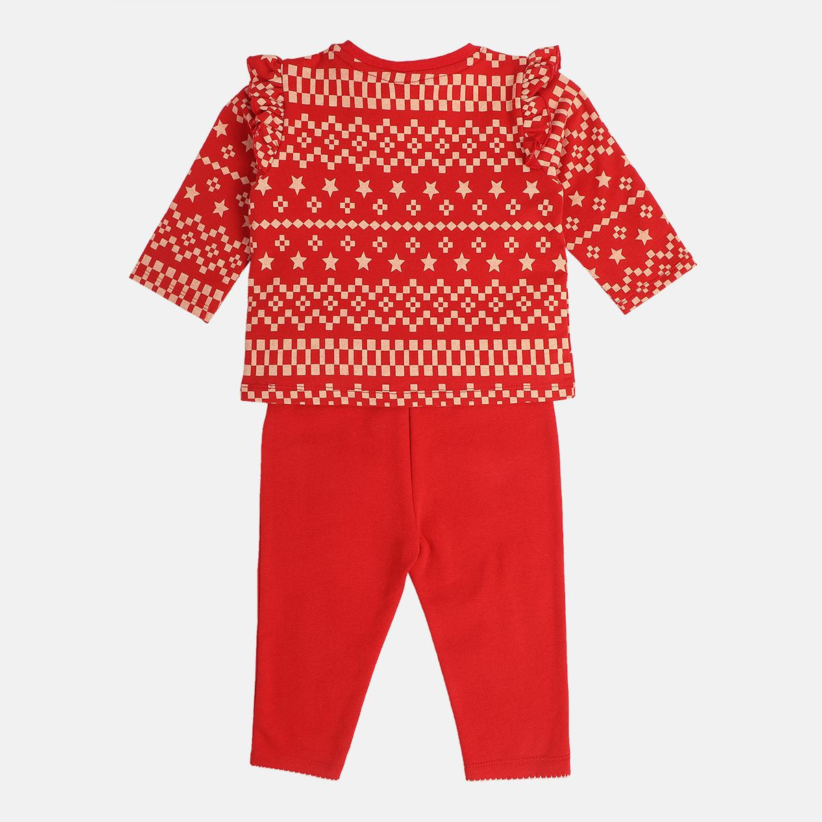 Girls Cotton Full Sleeves Geometric Printed Top & Bottom - Red
