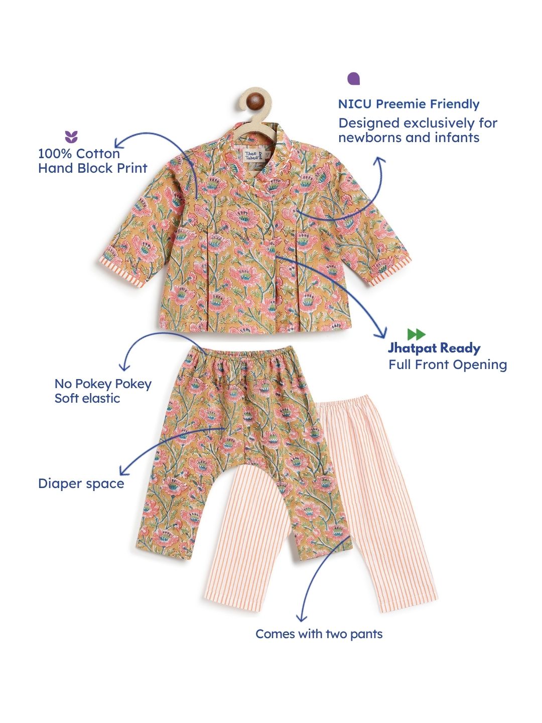 Tiber Taber Baby Girls Peach Cotton Hand Block Floral Printed Top and Pants 3-Piece Set Regular Fit Casual Wear
