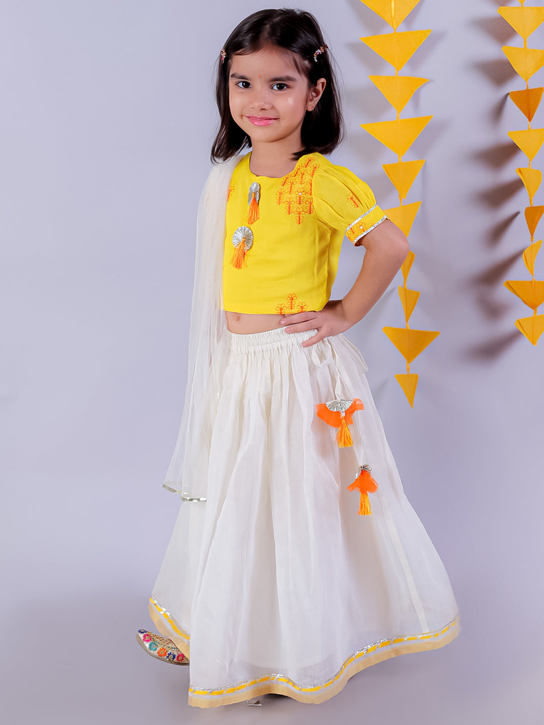 Lil Drama Girls Embroidered Crop Top With Flared Skirt Set, Yellow And White