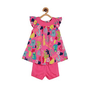 Baby Girls Pink Cotton Cat and Floral Printed Dress with Bloomer Shorts Regular Fit Casual Wear