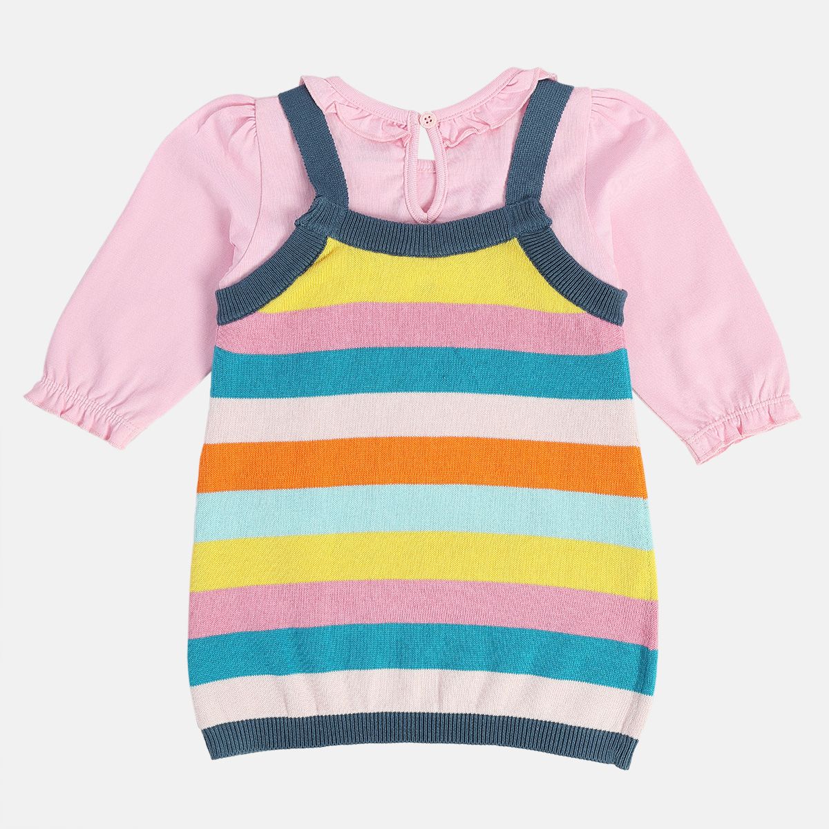 Girls Cotton Full Sleeves Striped Pinny Set - Pink & Blue