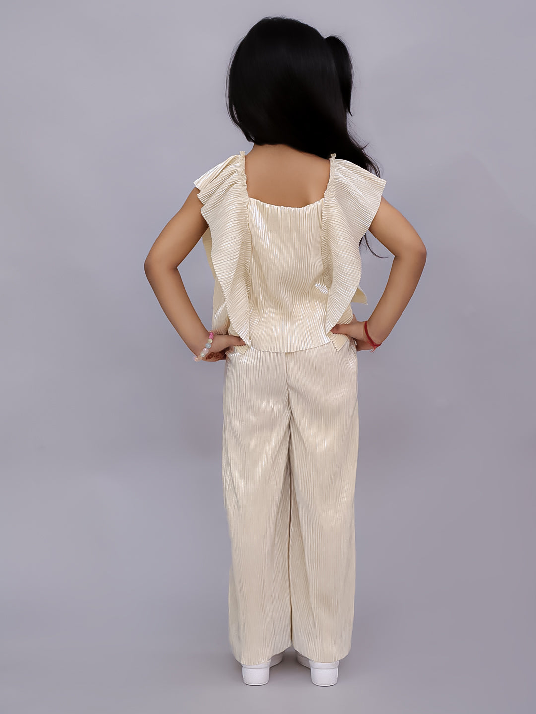 Lil Drama Girls Shimmer Pleated Top With Palazzo Pants Co-Ord Set, Cream