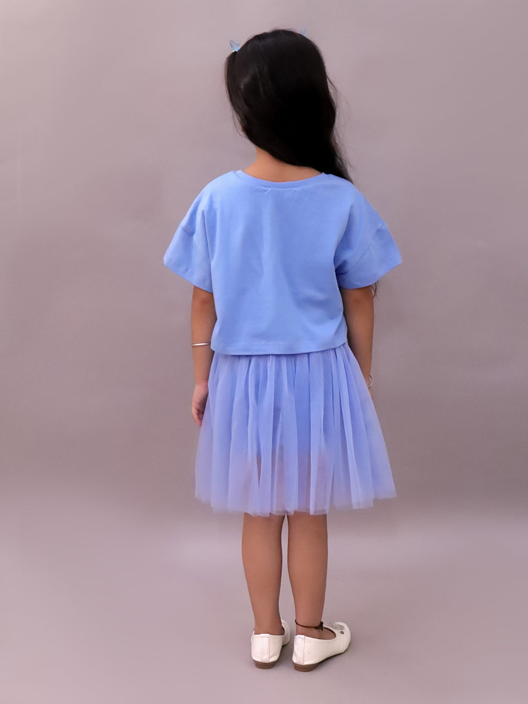 Lil Drama Girls Butterfly Applique Top With Mesh Skirt Co-Ord Set, Blue