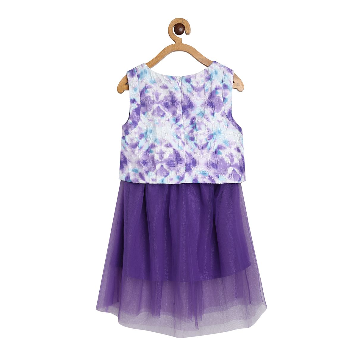 Girls Printed Sleeveless Party Dress with Tulle Skirt, Purple