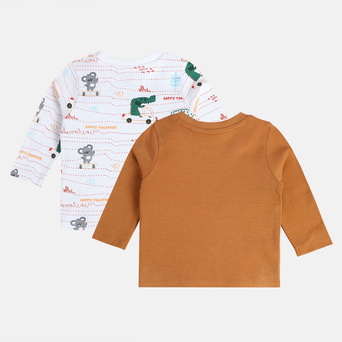 Boys White/Brown Round Neck Full Sleeves T-Shirt