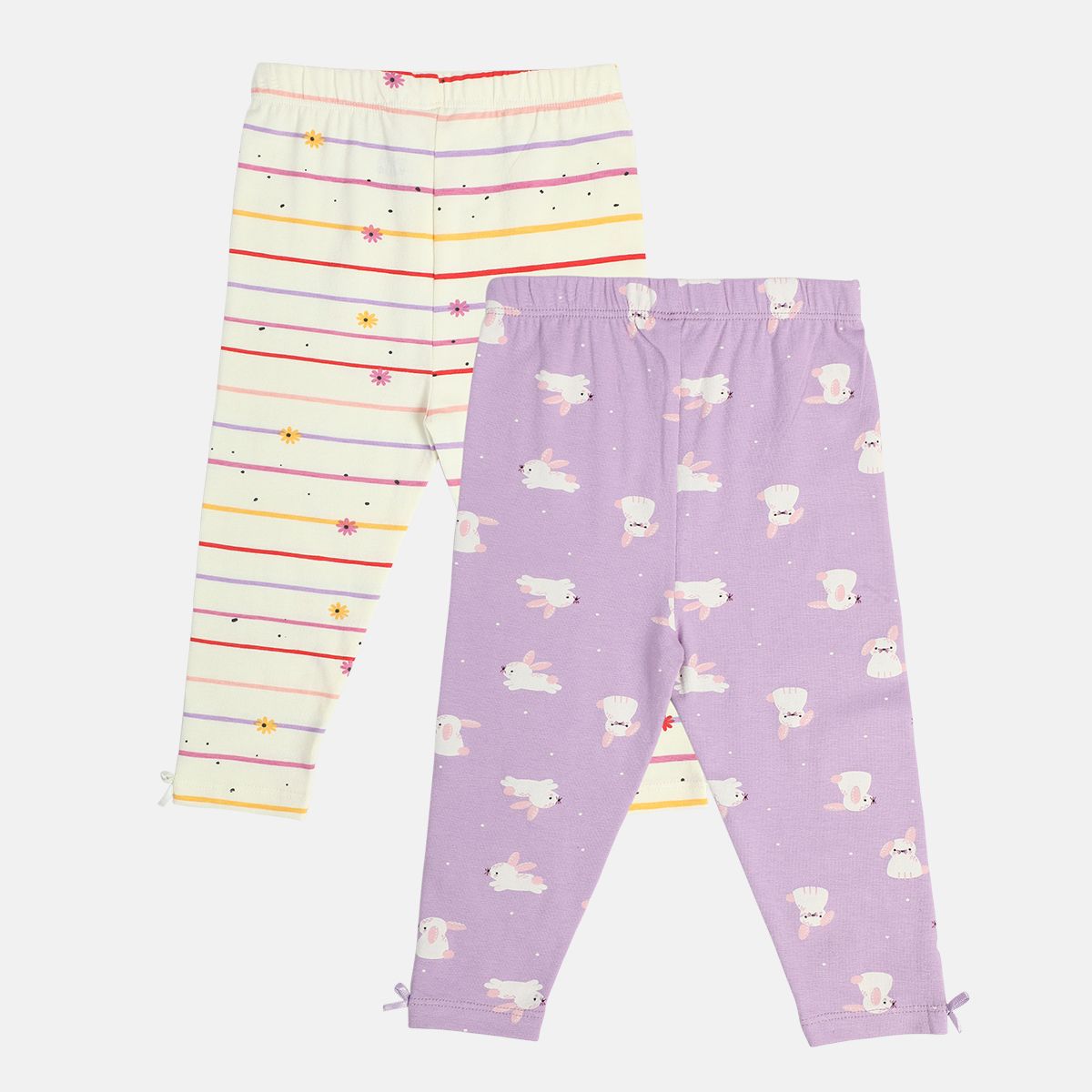 Girls Cotton Pack Of 2 Striped & Rabbit printed Leggings - lavender & White