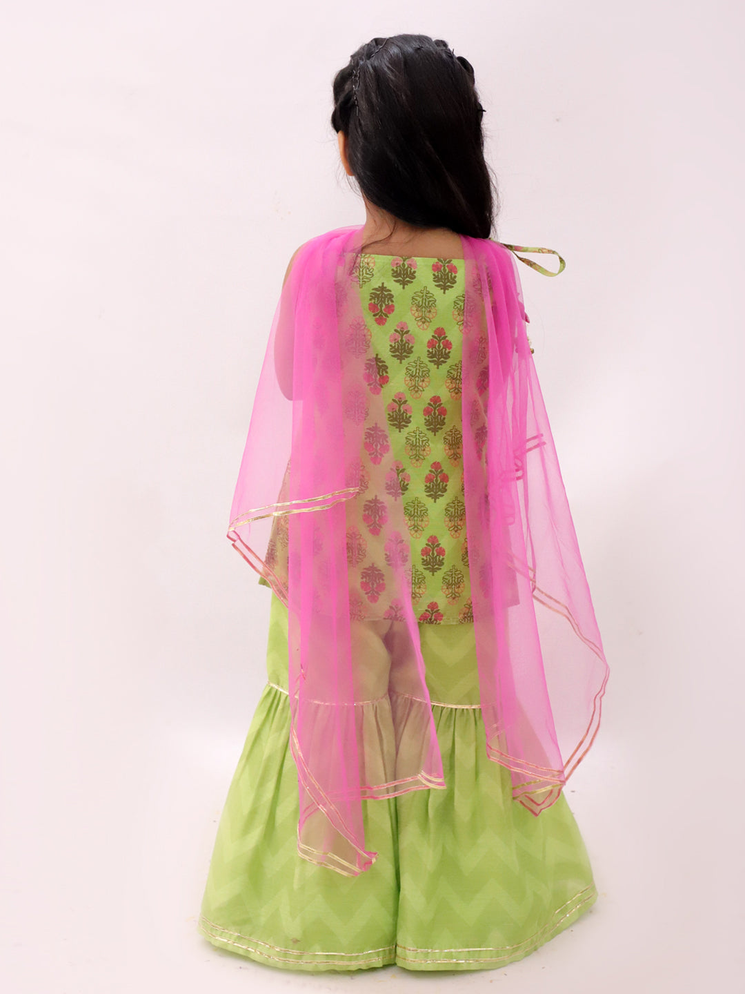 Lil Drama Girls Printed Kurta With Sharara Pants And Dupatta Set, Green And Pink
