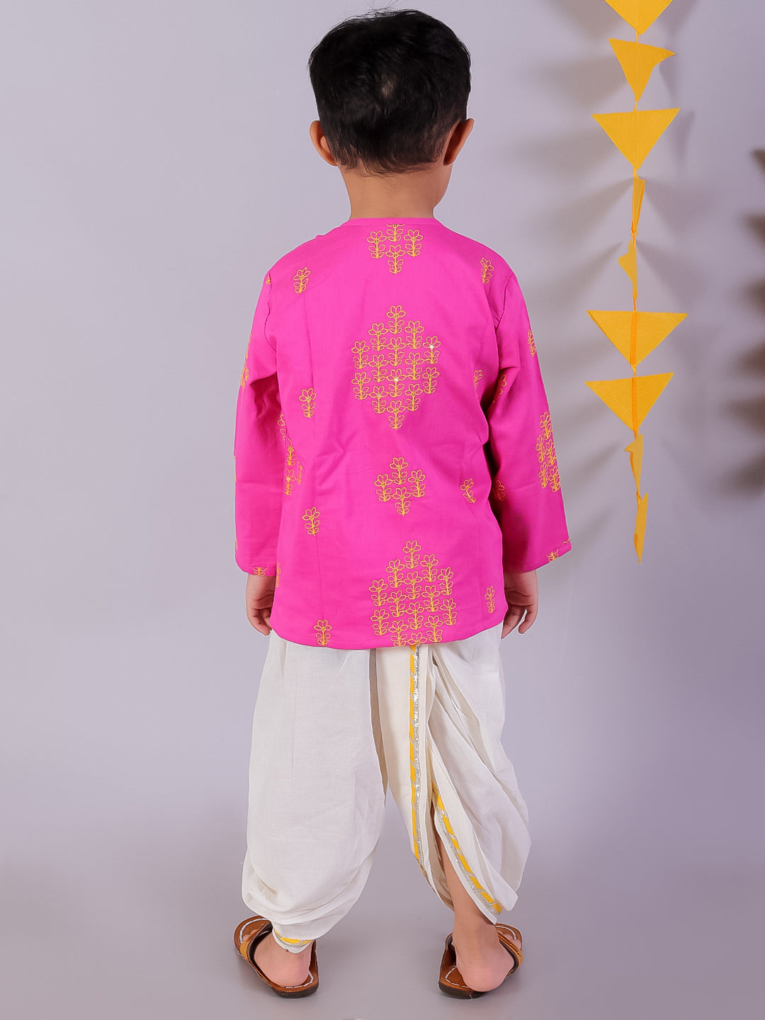 Lil Drama Boys Embroidered Kurta With Dhoti Pants Set, Pink And White