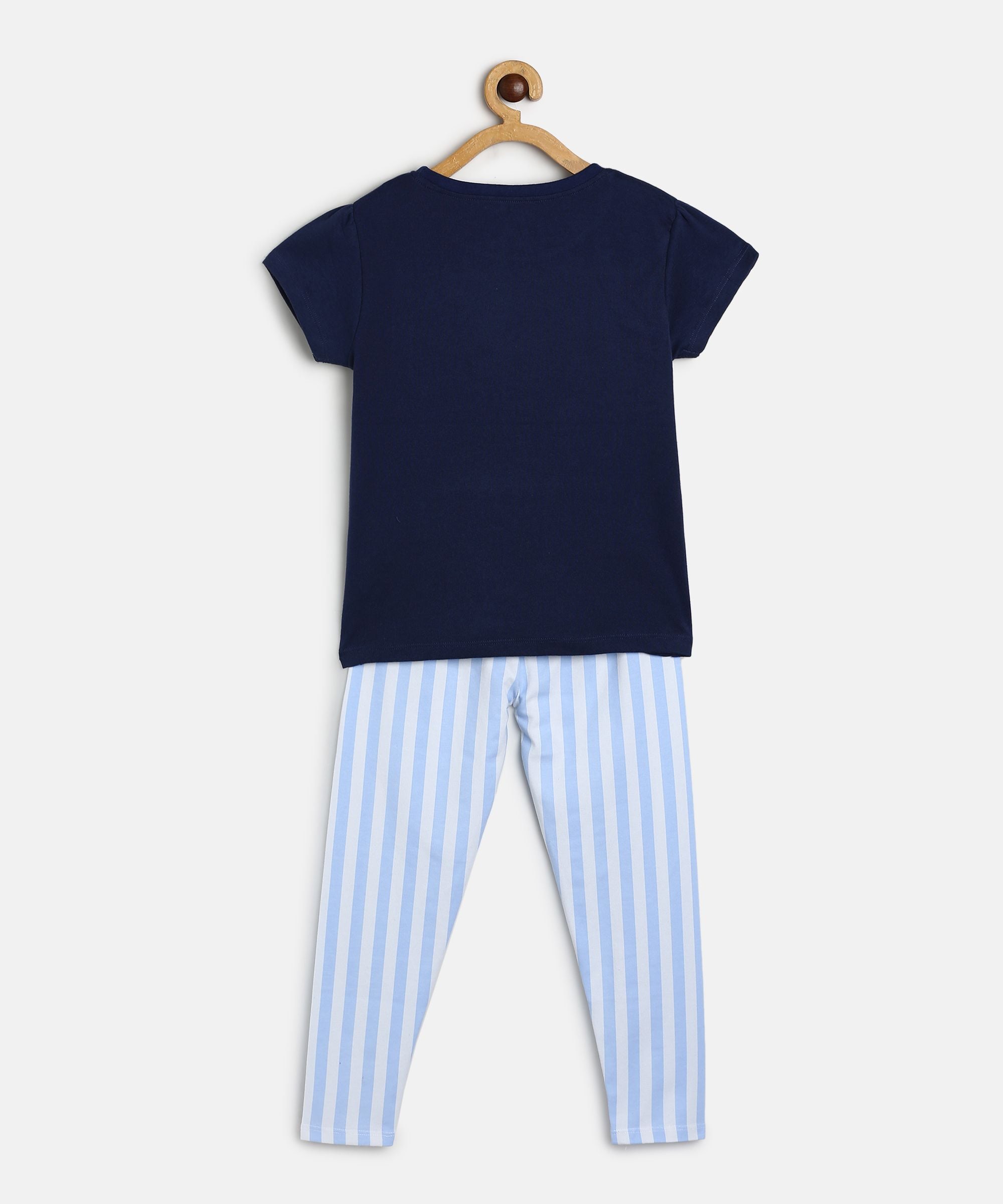 Baby Girls Navy Blue Cotton T-Shirt and Blue Striped Leggings Co-ord Set Regular Fit Casual Wear