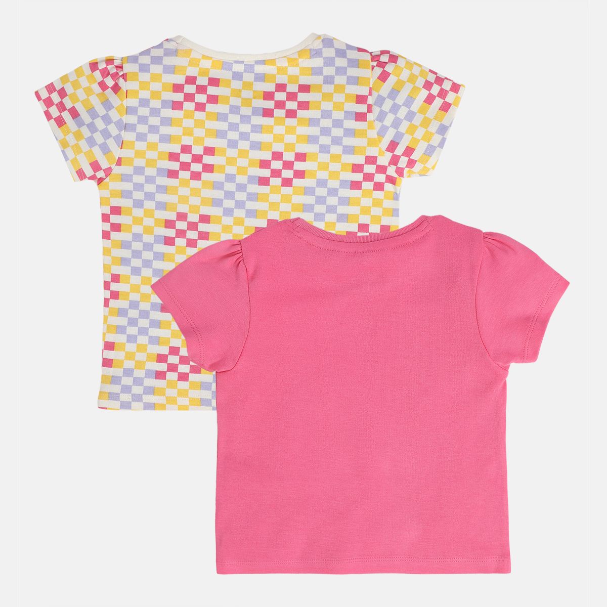 Girls Cotton Pack Of 2 Half Sleeves Checks & Balloons Printed Knit Top - White & Pink