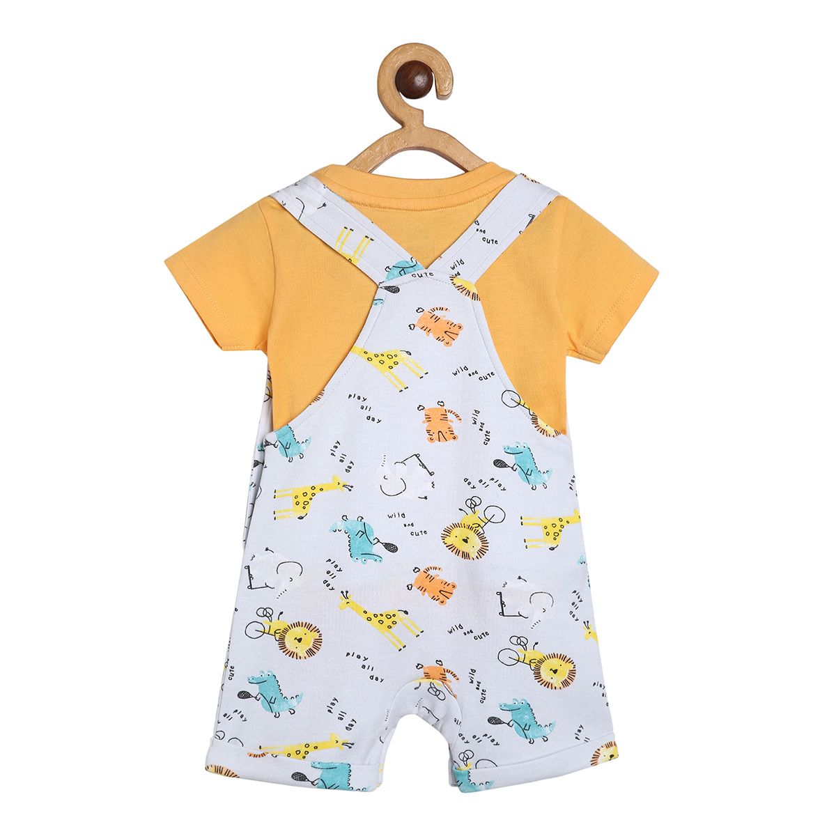 Baby Boys Animal Print Dungaree with Solid T-Shirt Set, Yellow & White