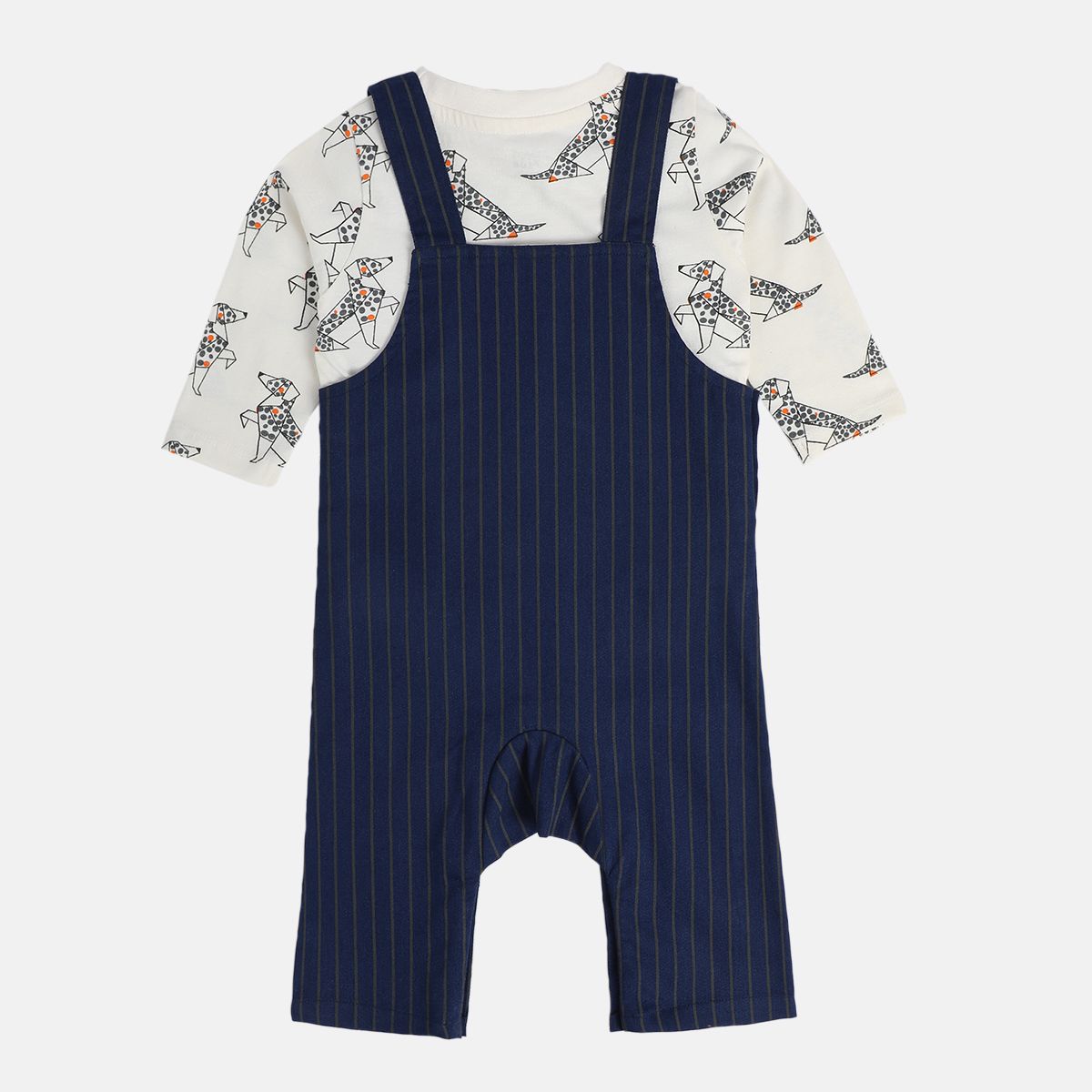 Boys Cotton Full Sleeves Striped Dungaree Set - Navy Blue