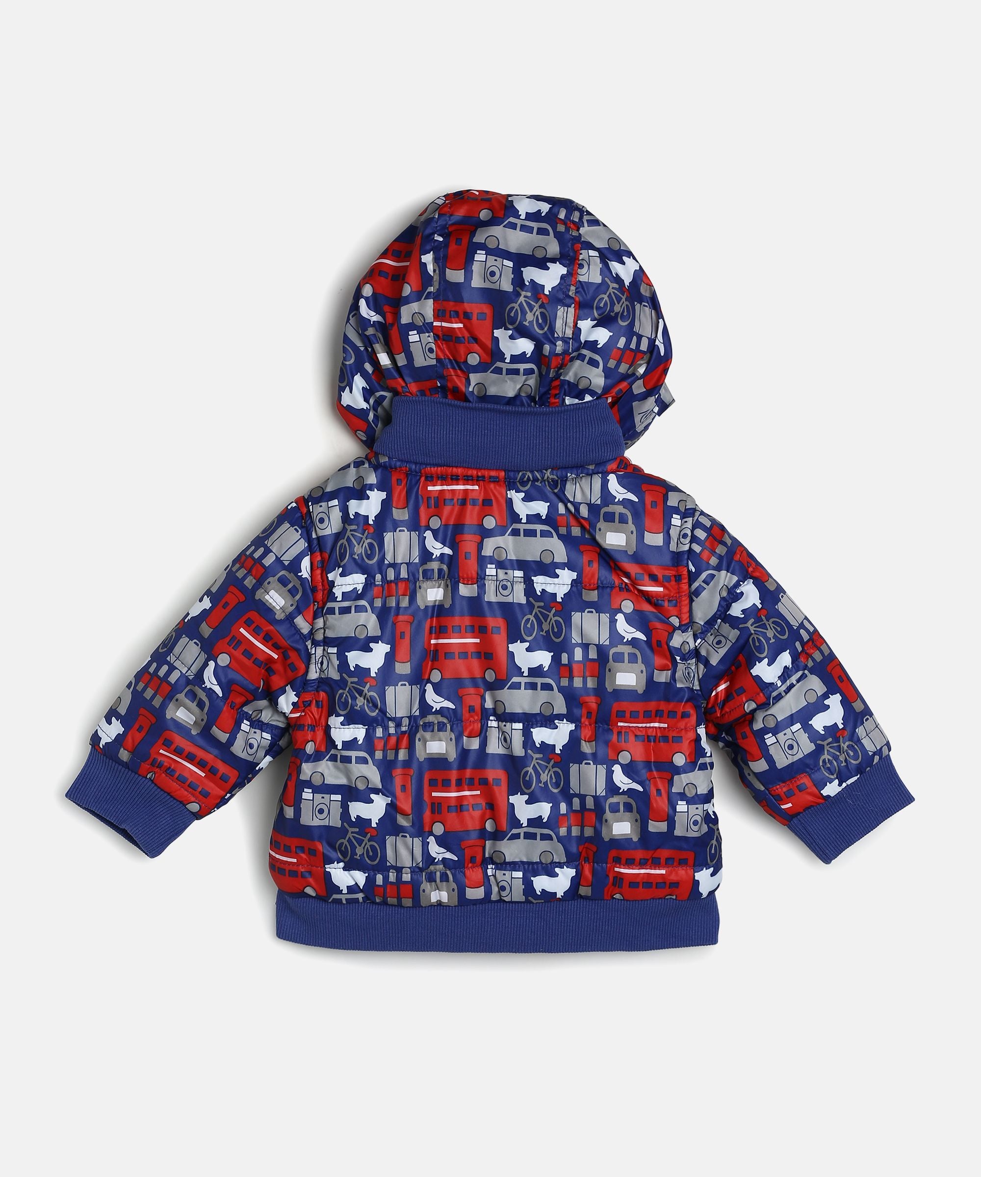 Baby Boys Blue Vehicle Print Hooded Puffer Jacket Regular Fit Winter Wear Jacket