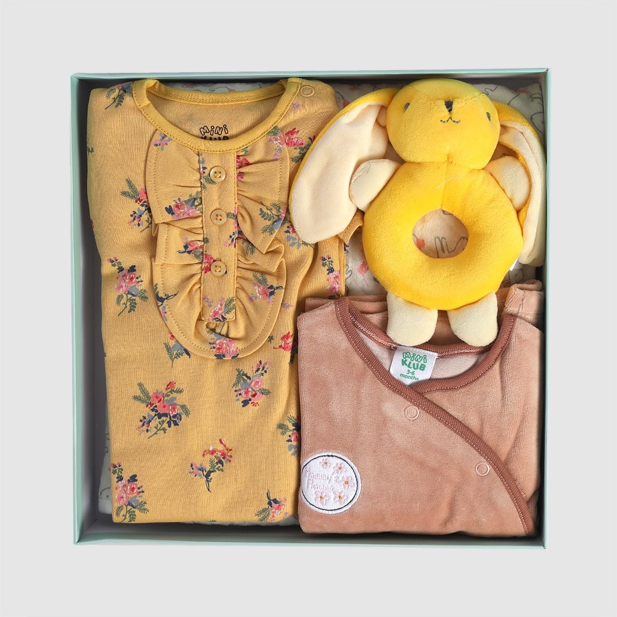 Baby Girls Mustard Yellow and Pink Cotton Blend Romper Velour Jacket Fur Blanket and Rattle Gift Set Pack of 4 Floral Printed Everyday Wear