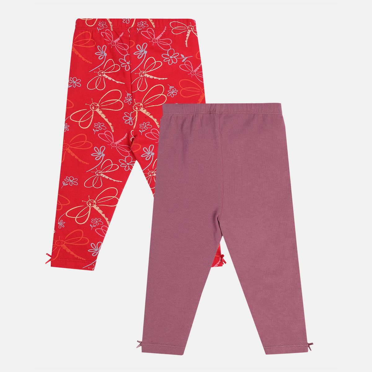Girls Cotton Pack Of 2 Full Length Solid & Floral Printed Leggings - Purple & Red