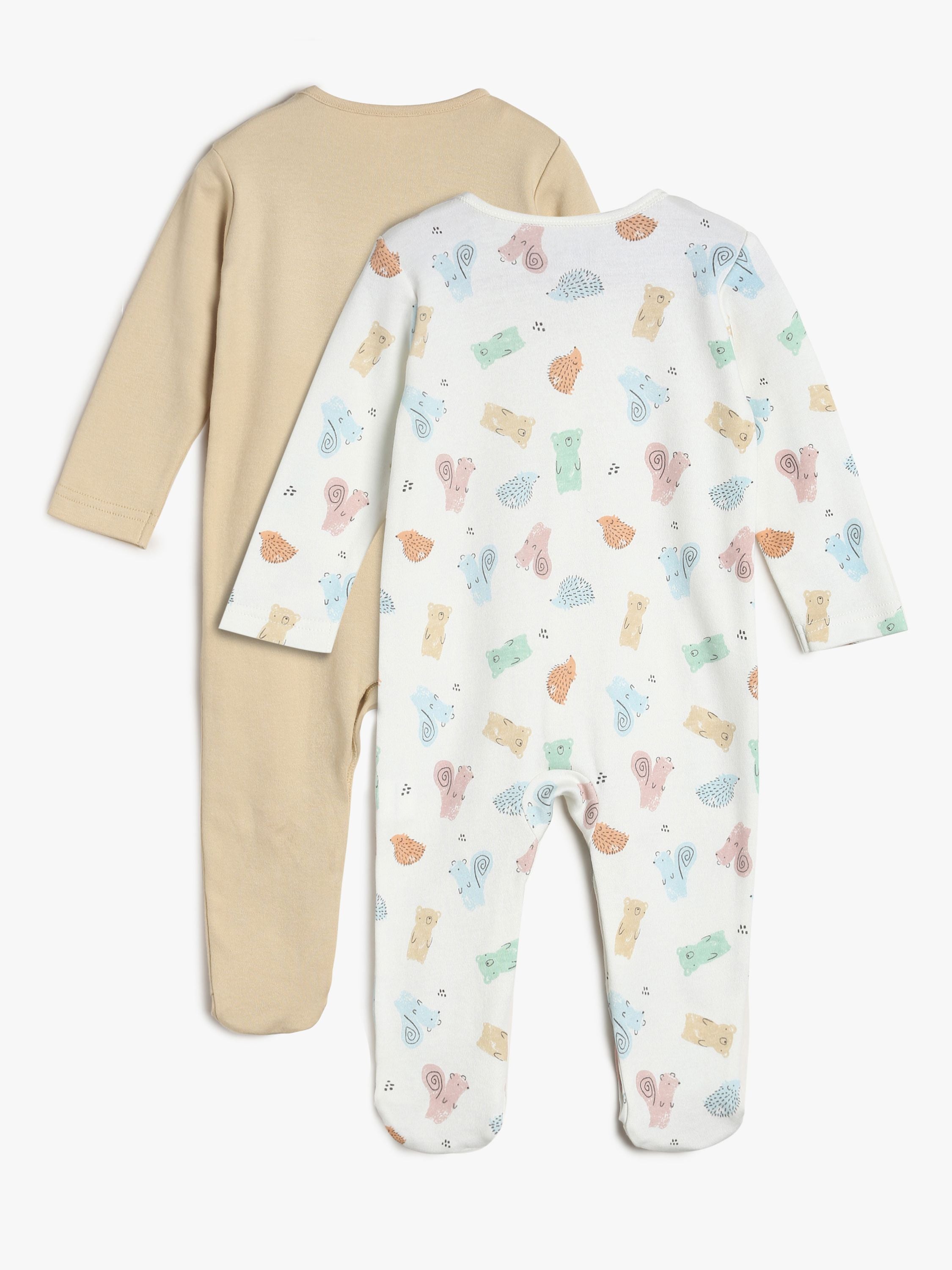 Unisex White and Beige Animal Print Sleepsuit Pack of 2 Full Sleeve Rompers