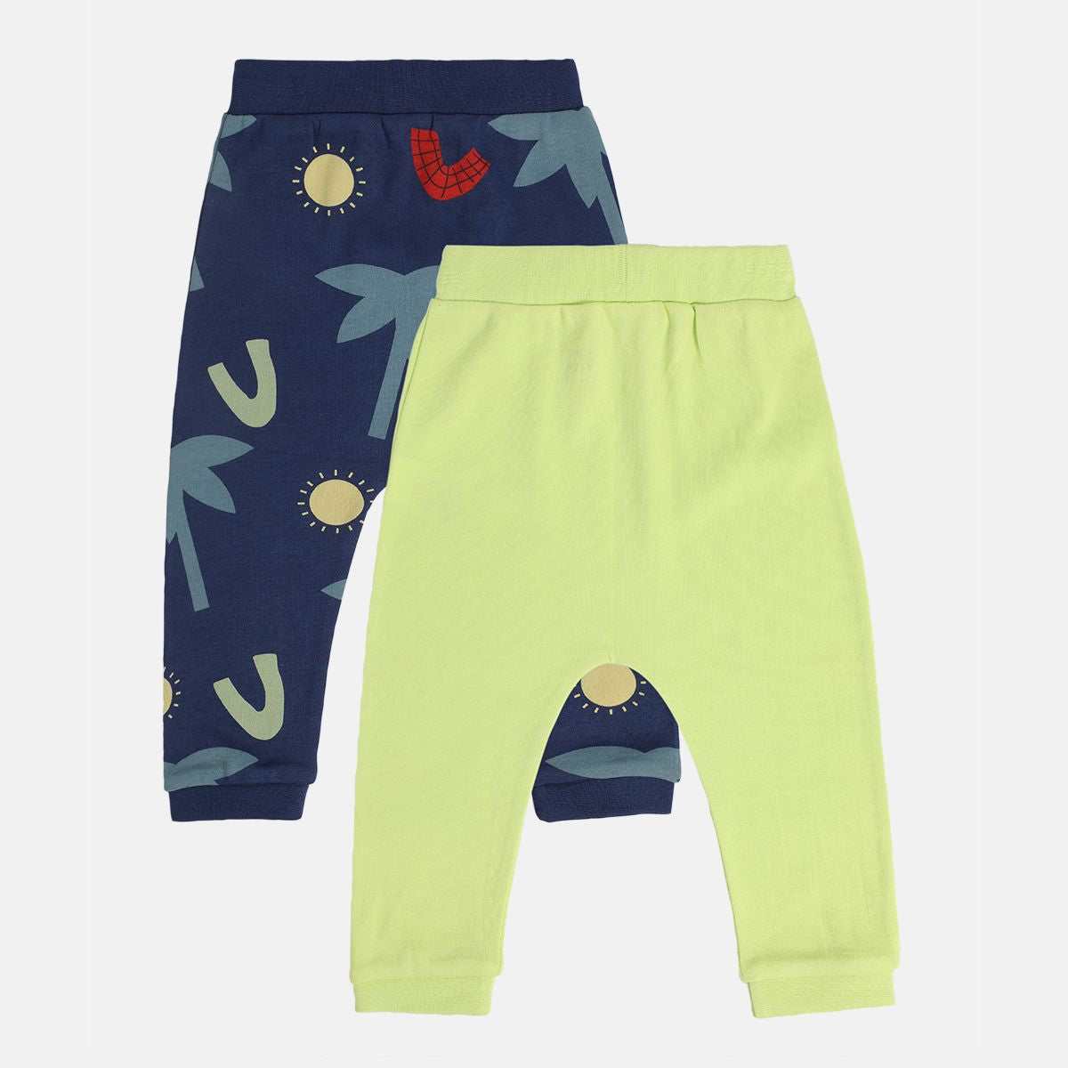 Boys Cotton Pack Of 2 Solid & Trees Printed Knit Bottom - Navy Blue & Light Green