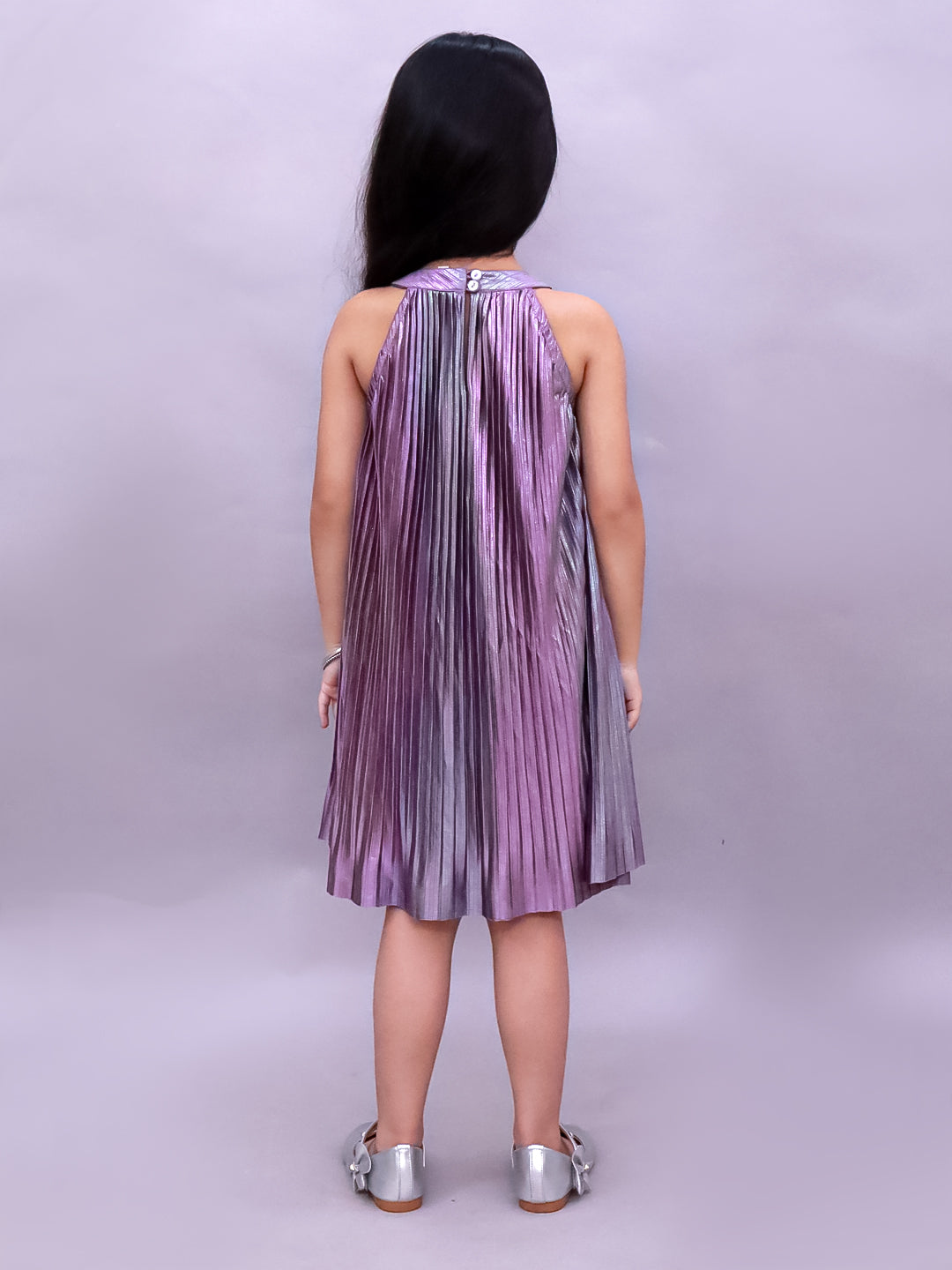 Lil Drama Girls Metallic Pleated Sleeveless Dress, Purple
