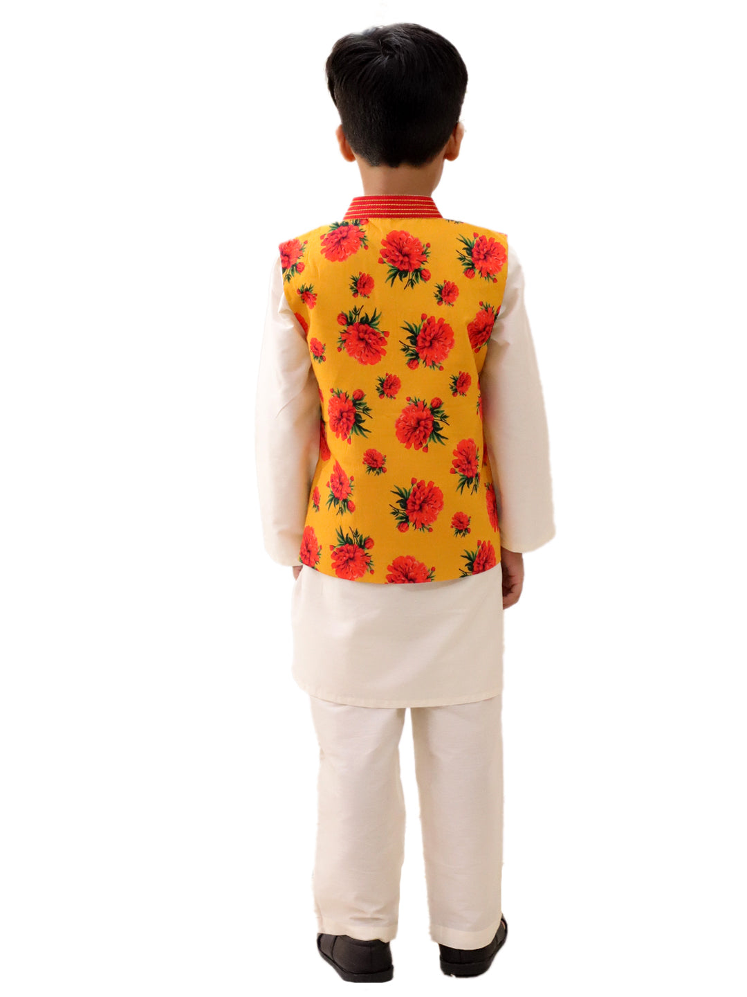 Lil Drama Boys Floral Print Jacket Kurta With Pants Set, Yellow And White