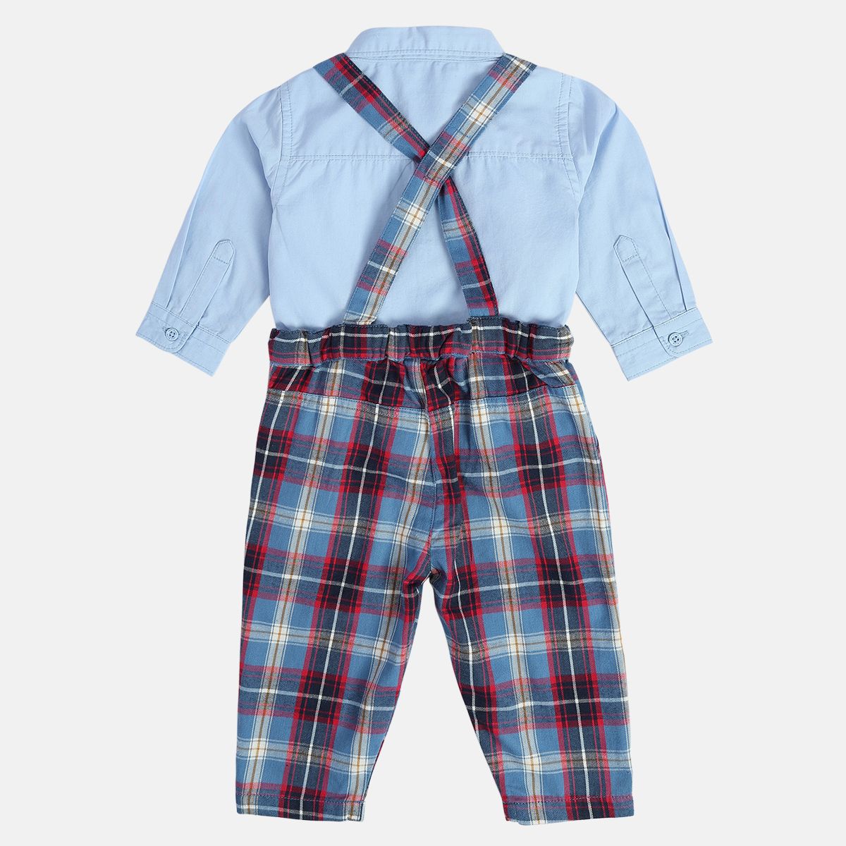 Boys Cotton Full Sleeves Checked Dungaree Set - Blue