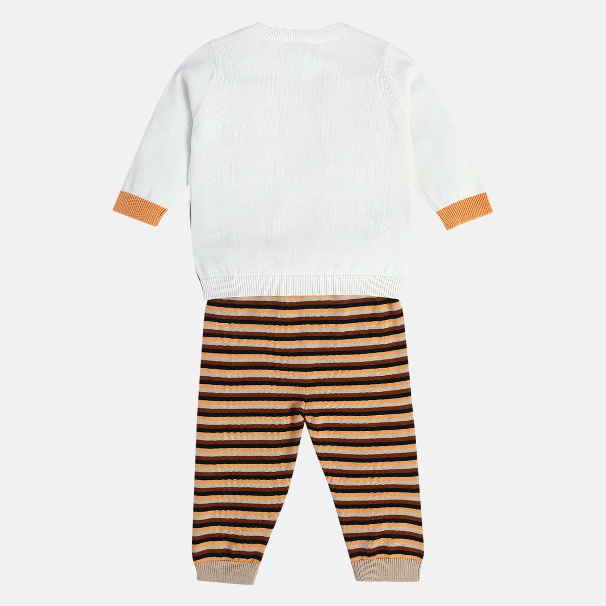 Boys Cotton Full Sleeves Animal Embroidered Clothing Set - White & Brown