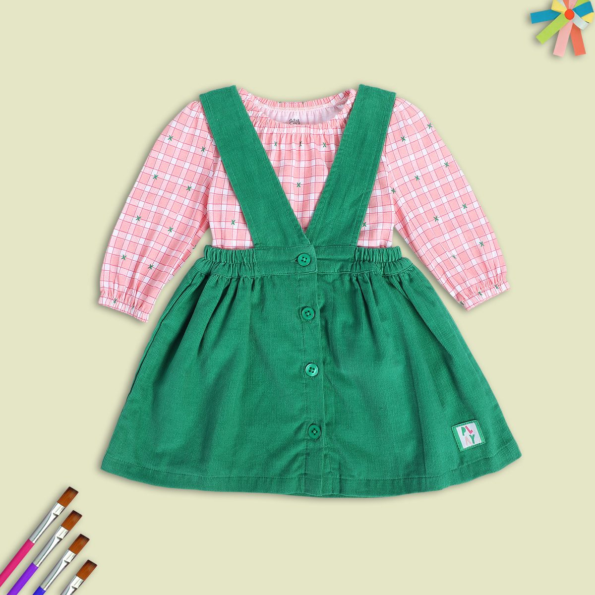 Girls Green Pack Of 2 Pinny Set
