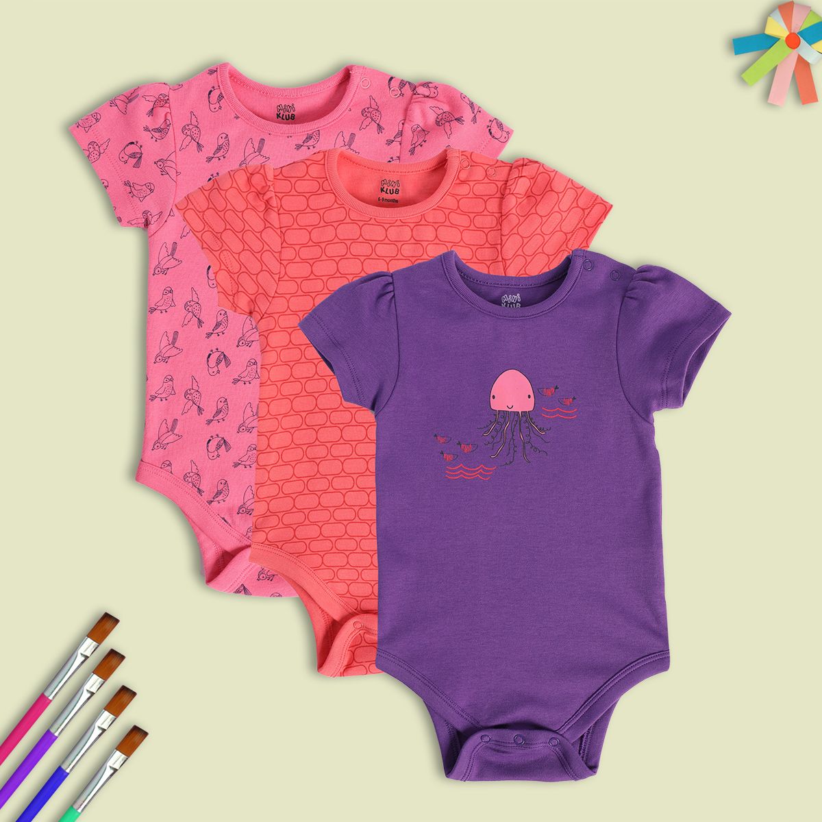 Girls Multicolor Pack Of 3 Body Suit