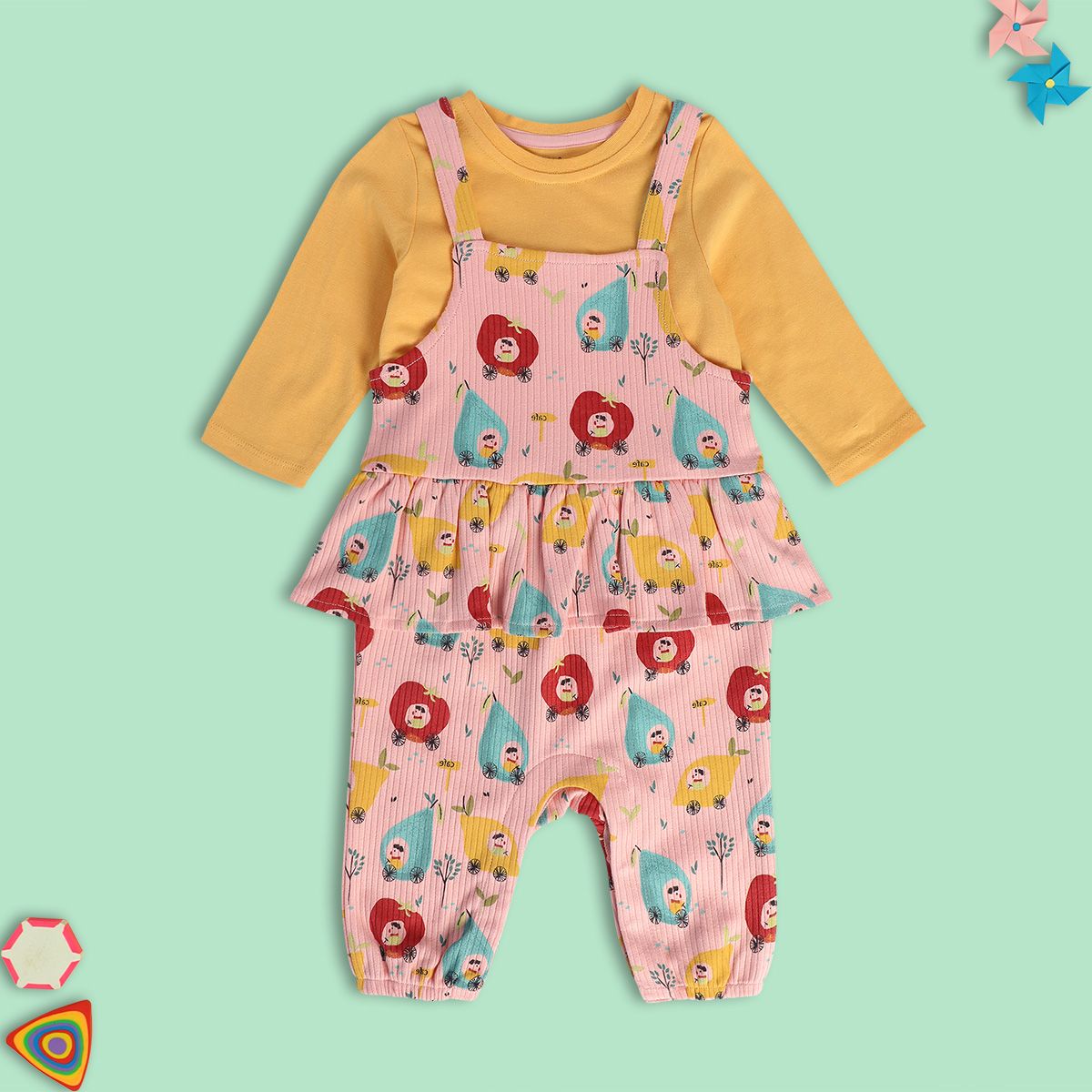 Girls Multicolor Pack Of 2 Dungaree Set