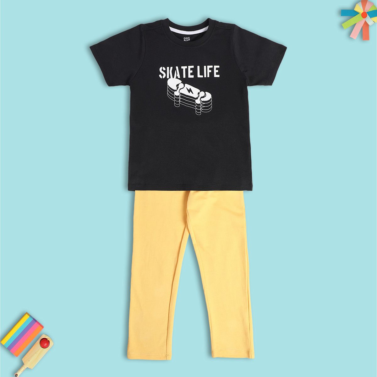 Boys Black/ Yellow T-Shirt And Bottom Set