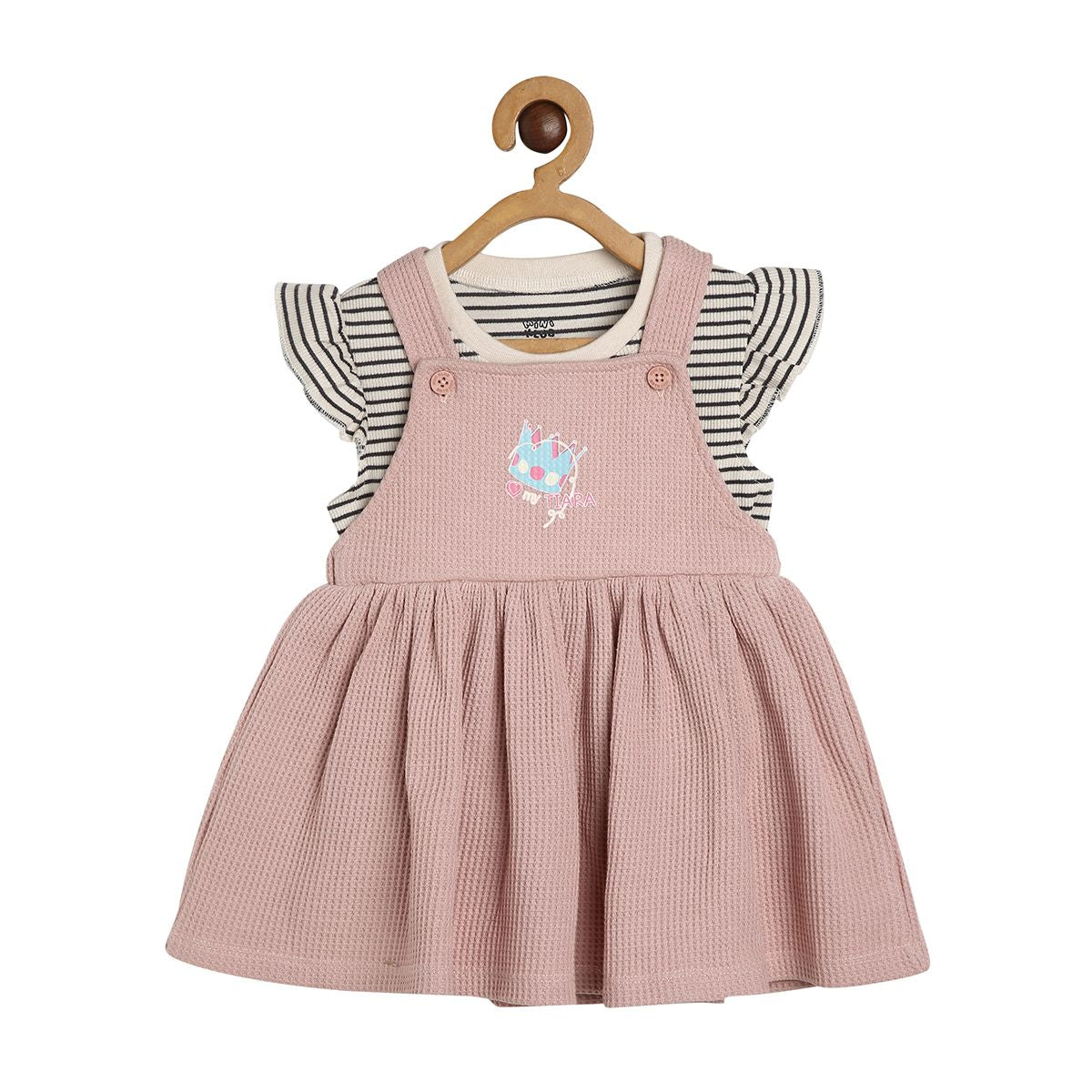 Girls Marshmallow/ Black/ Pink Round Neck Half Sleeve Pinny Set