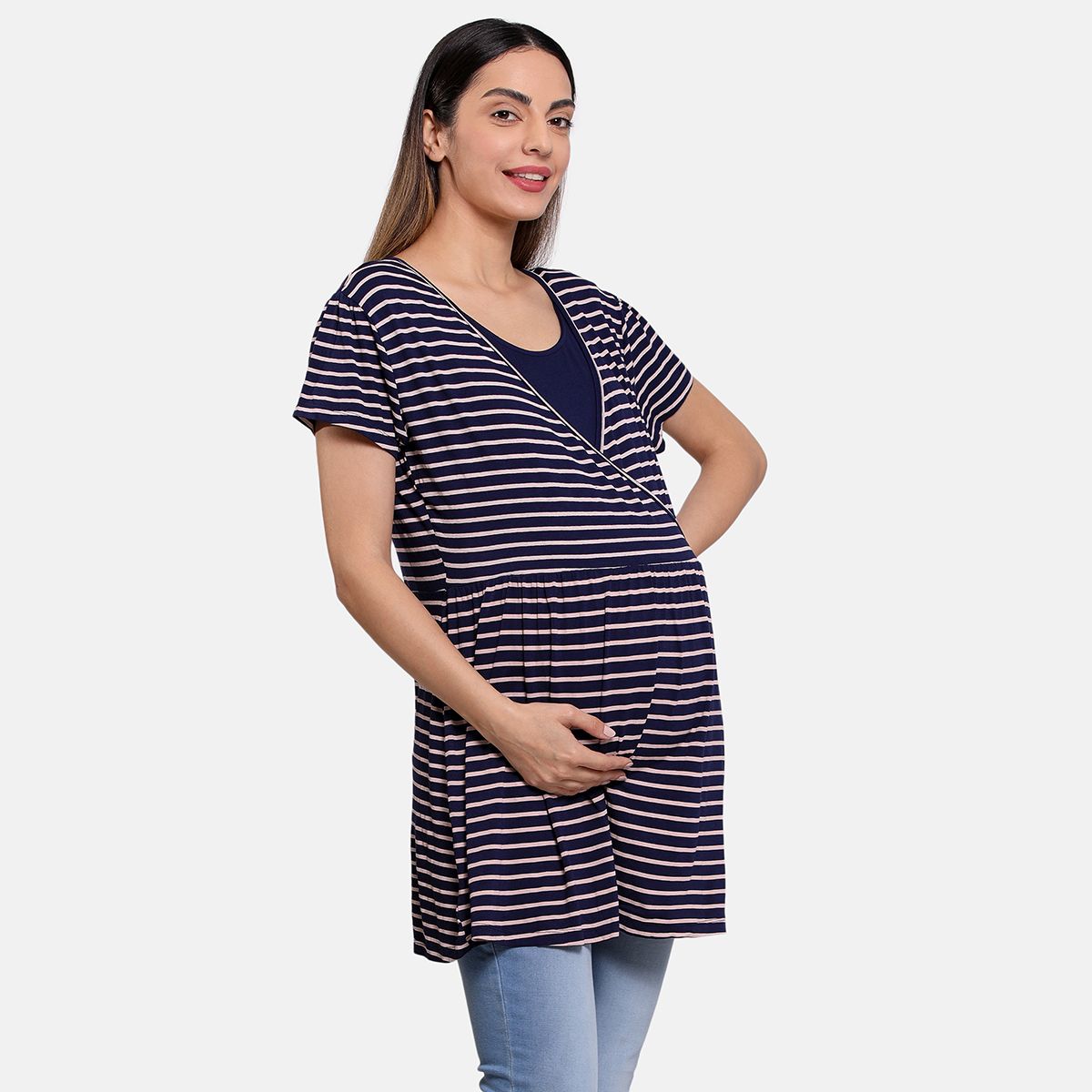 Peacoat Vee Neck Short Sleeve Nursing Knit Top
