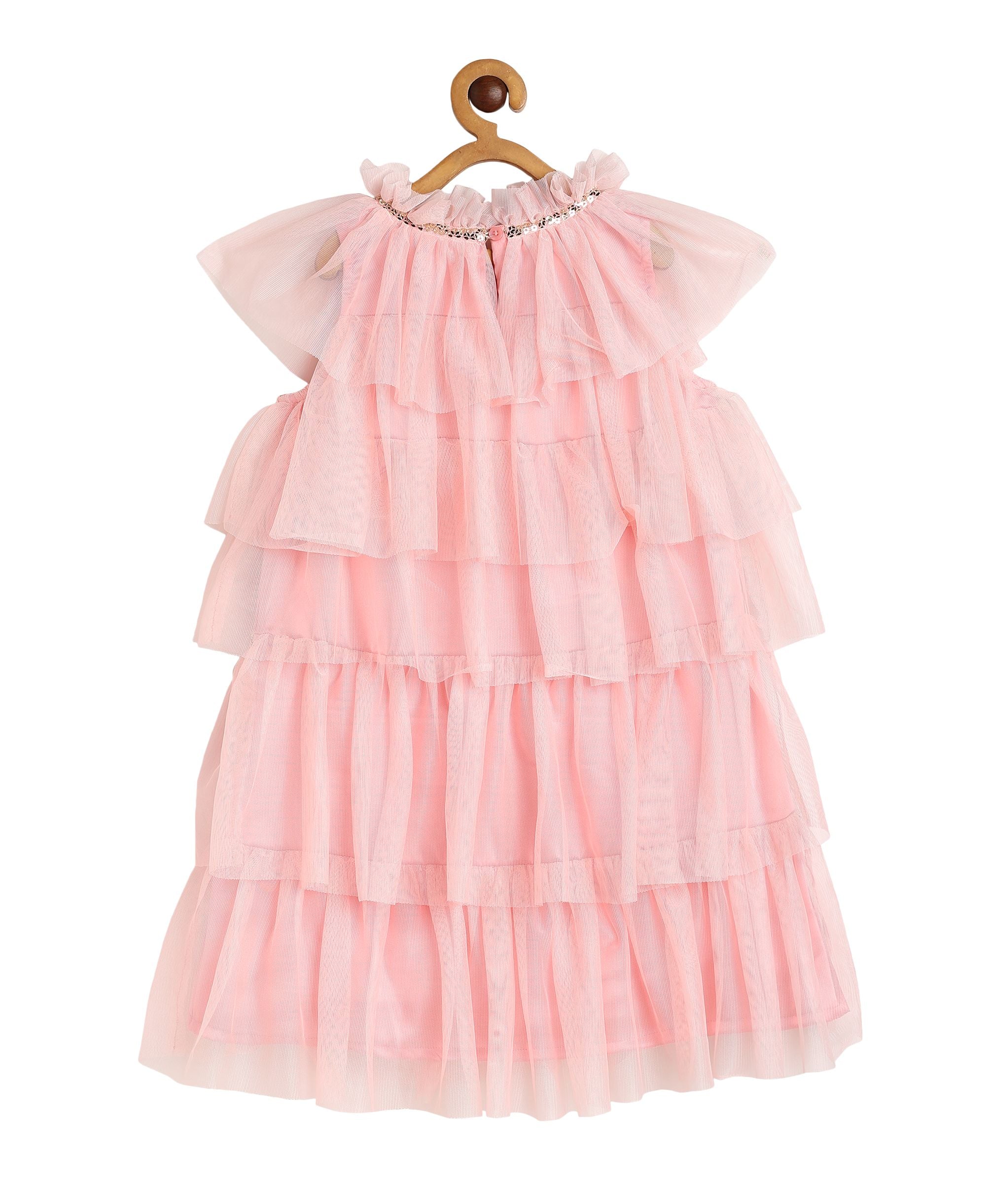 Girls Layered Tulle Party Dress with Ruffled Neckline, Blush Pink