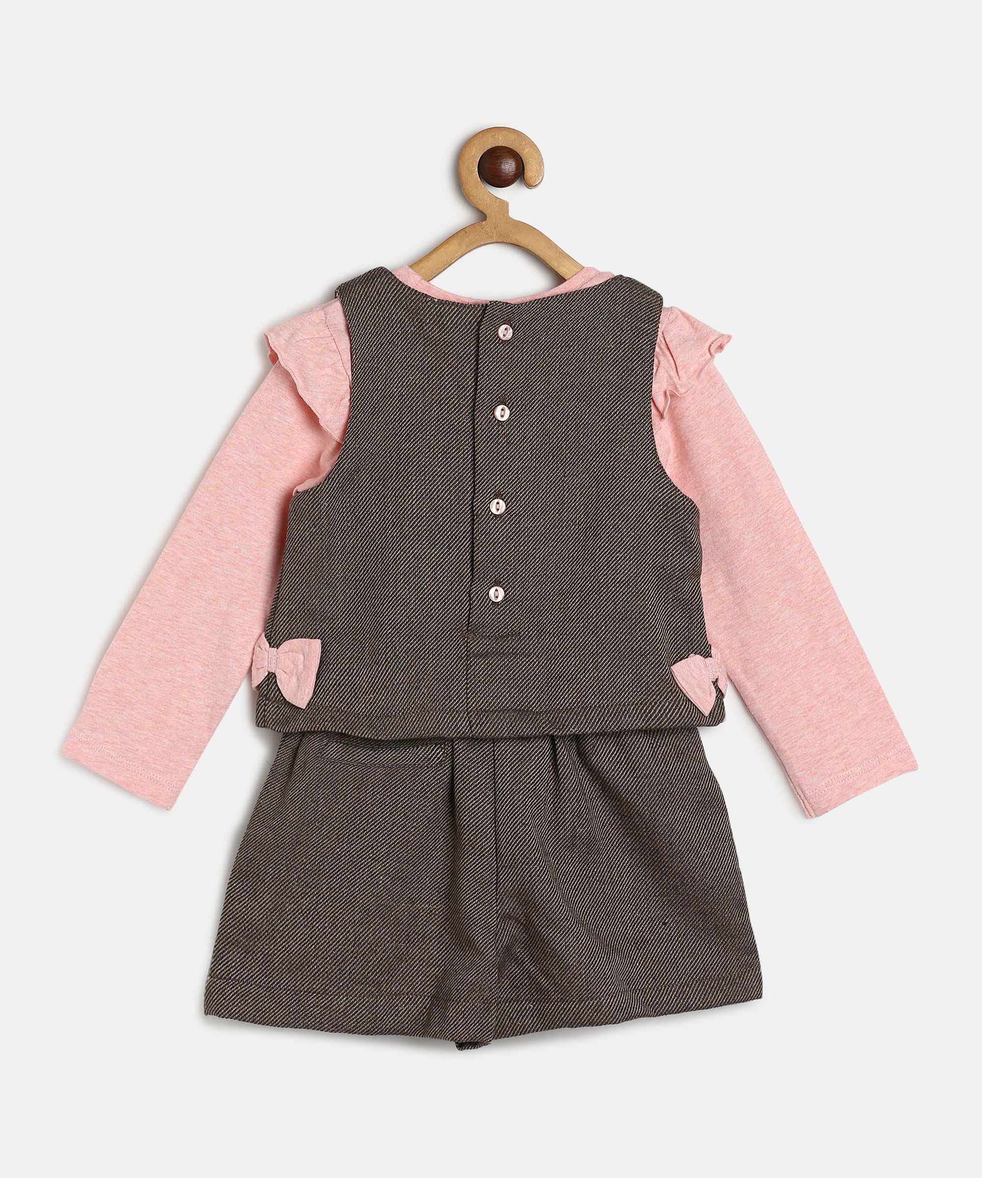 Baby Girls Pink & Brown Cotton Top with Shorts and Sleeveless Overlay Set