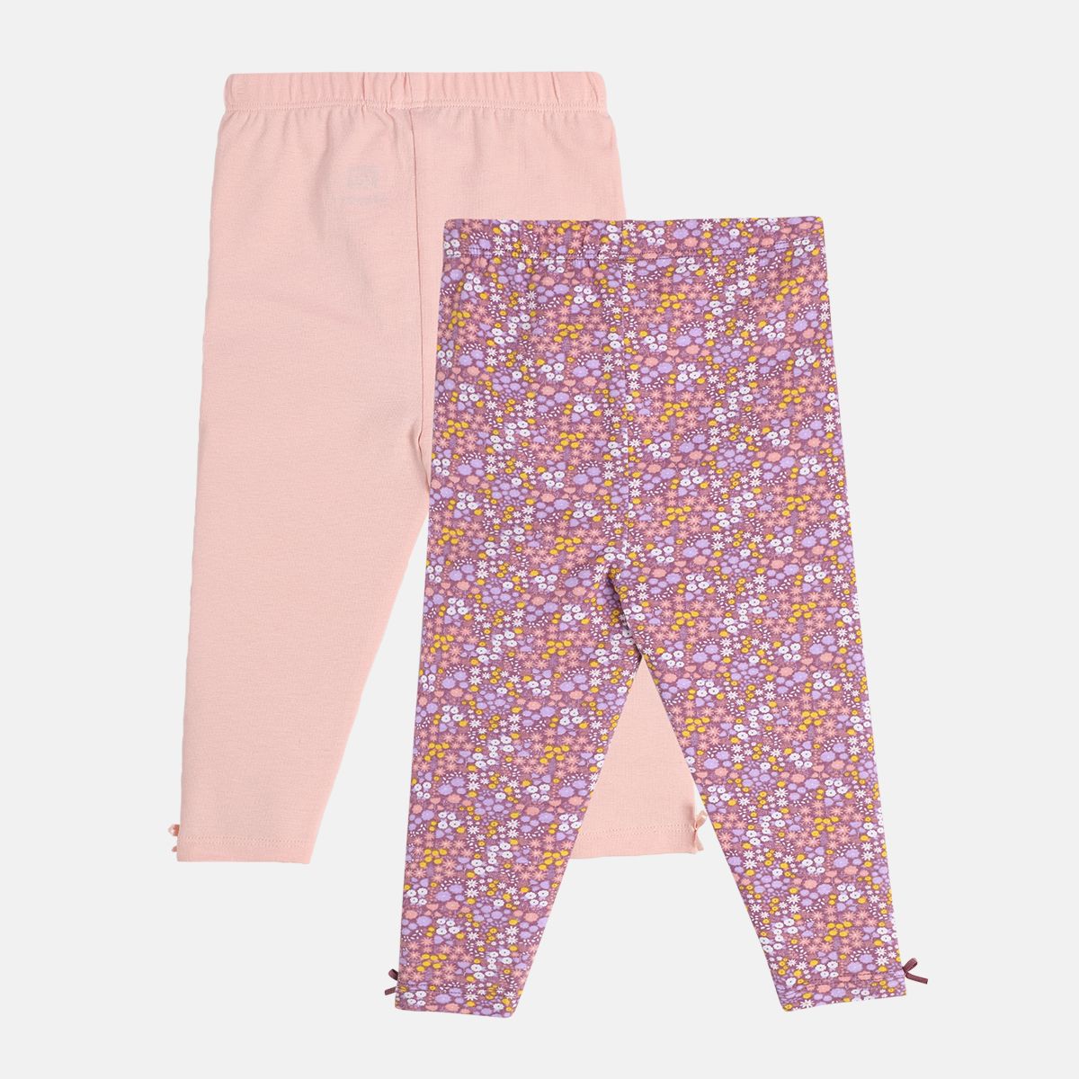 Girls Cotton Pack Of 2 Solid & Floral Printed Leggings - Light Pink & Multi