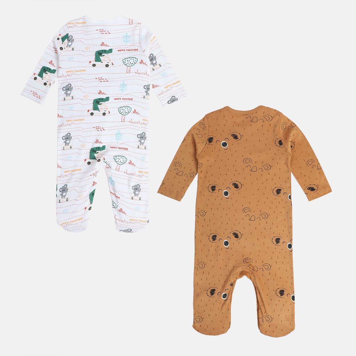 Boys White/Brown Round Neck Full Length / Long Sleeve Sleep Suit