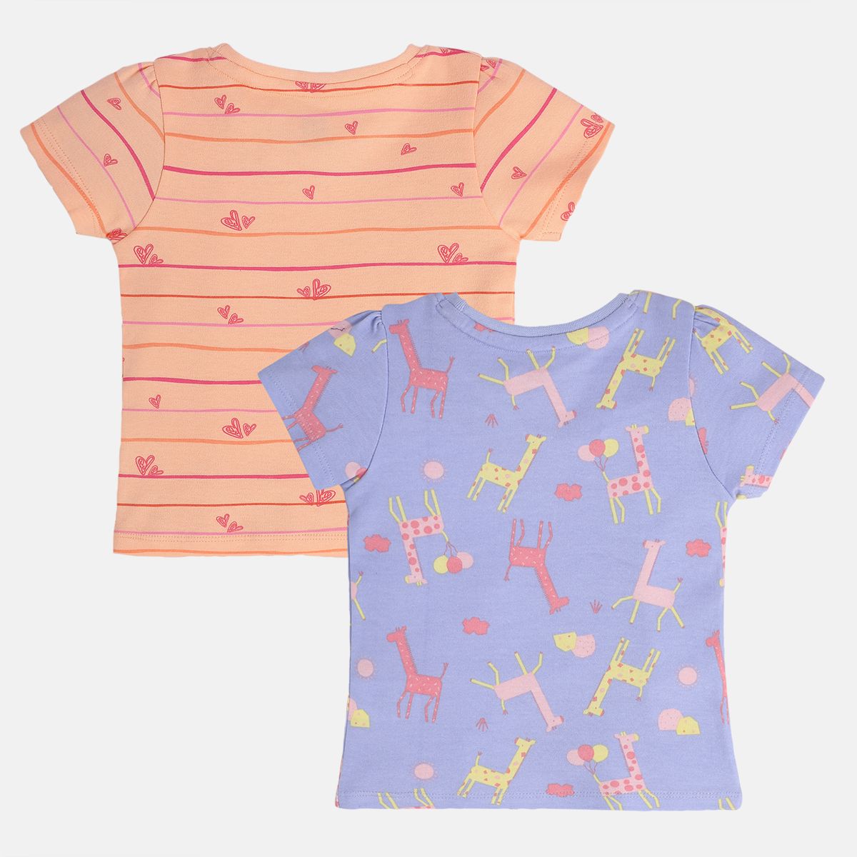 Girls Cotton Pack Of 2 Half Sleeves Animal & Heart Printed Knit Top - Peach & Purple