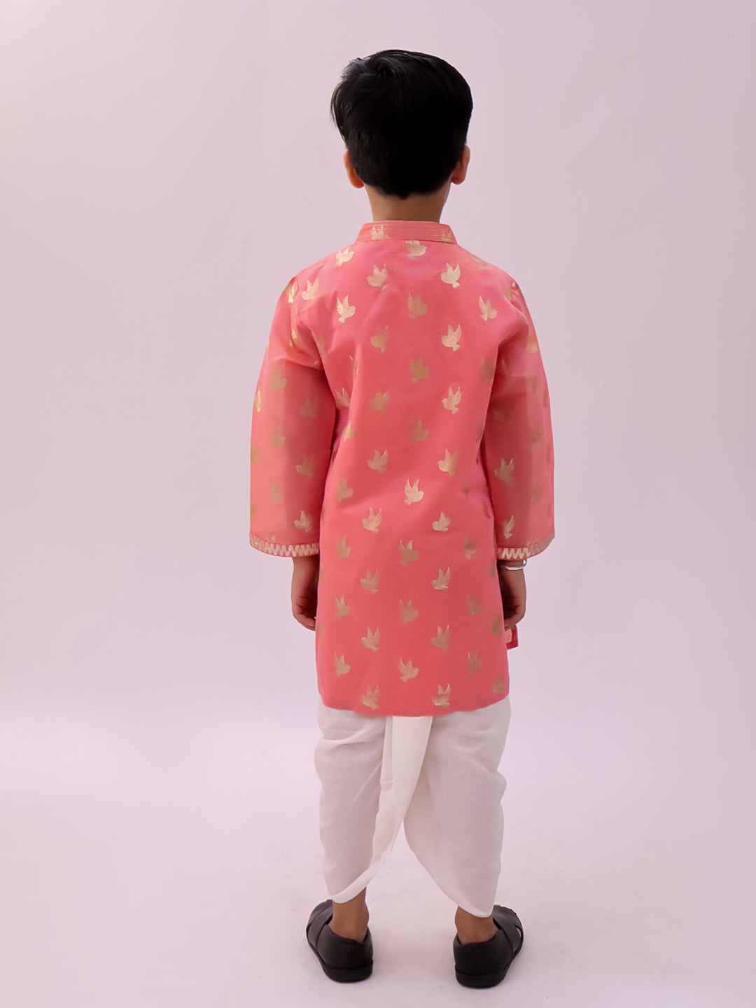 Lil Drama Boys Foil Print Kurta With Dhoti Pants Set, Pink And White