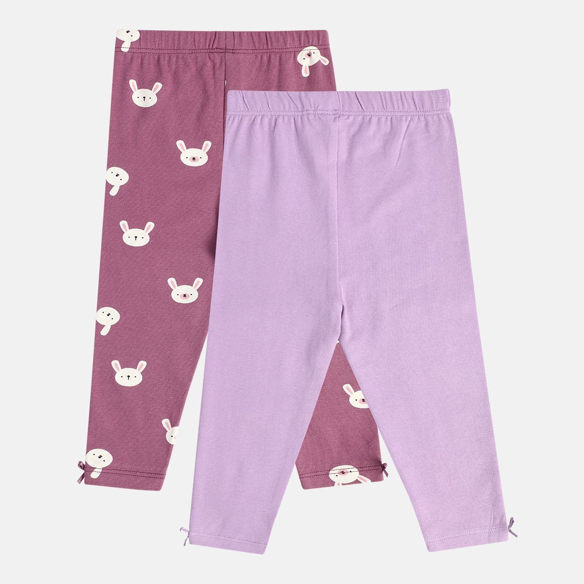 Girls Cotton Pack Of 2 Full Length Solid & Cartoon Printed Leggings - Purple & Lavender