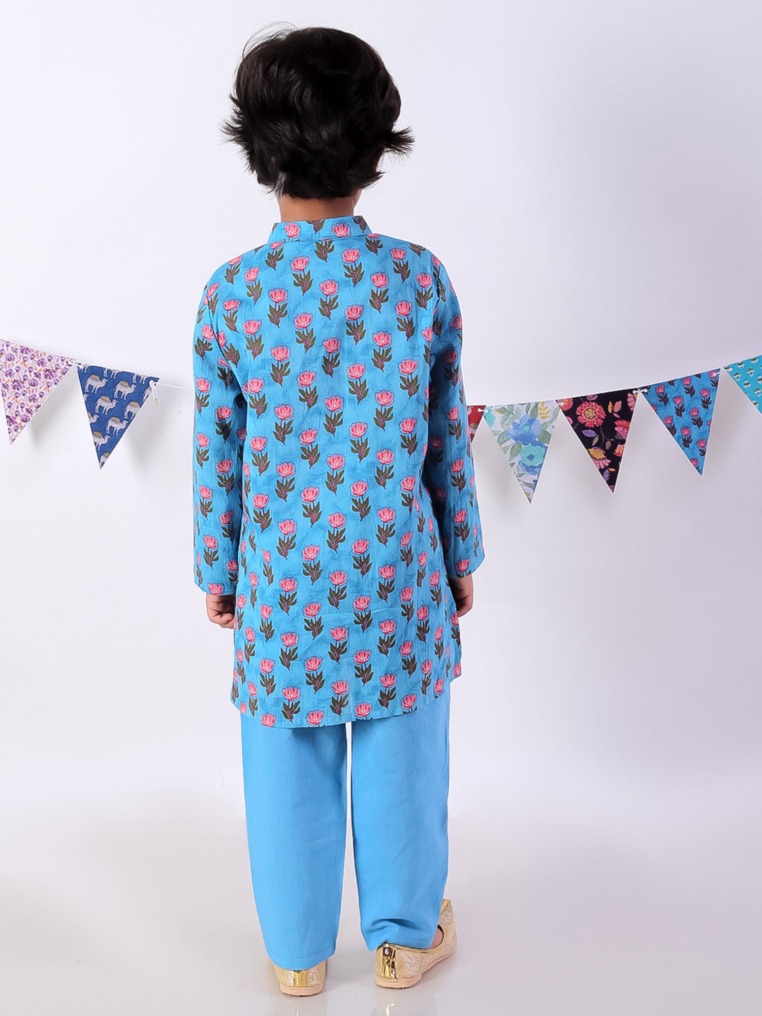 Lil Drama Boys Floral Print Kurta With Pajama Set, Blue