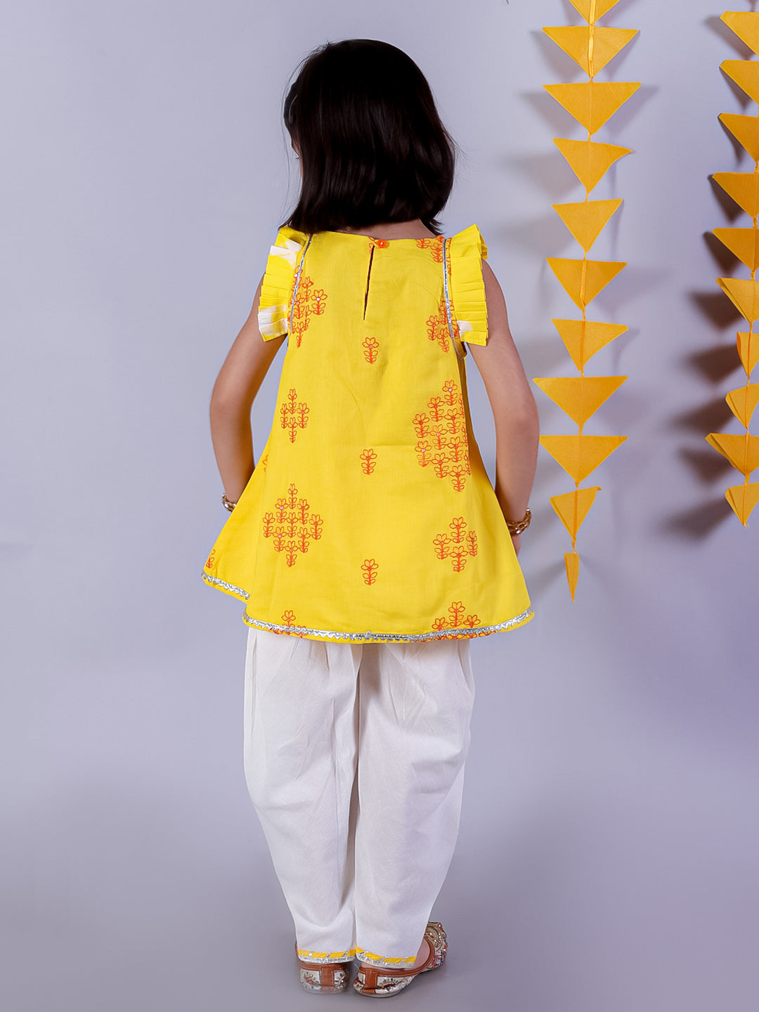 Lil Drama Girls Embroidered Sleeveless Kurta With Dhoti Pants Set, Yellow And White