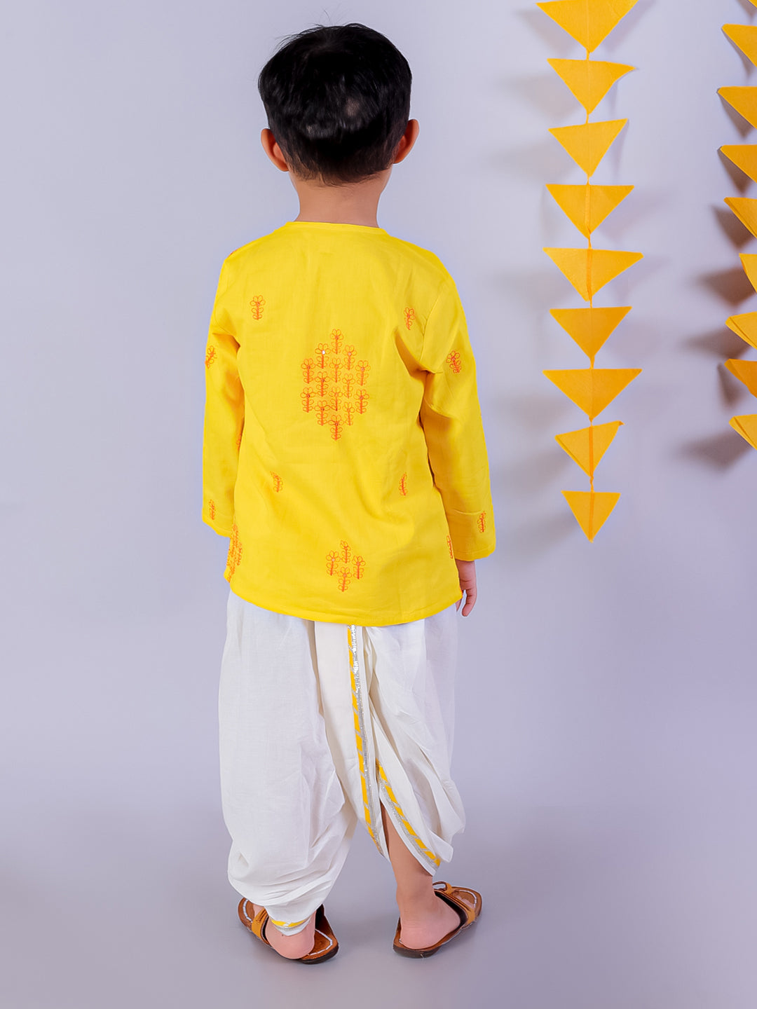 Lil Drama Boys Embroidered Kurta With Dhoti Pants Set, Yellow And White