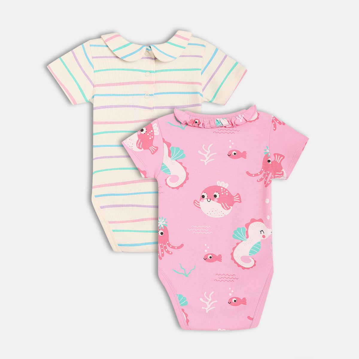 Baby Girls Sea Life Print And Striped Bodysuit Pack Of 2, Pink And Cream